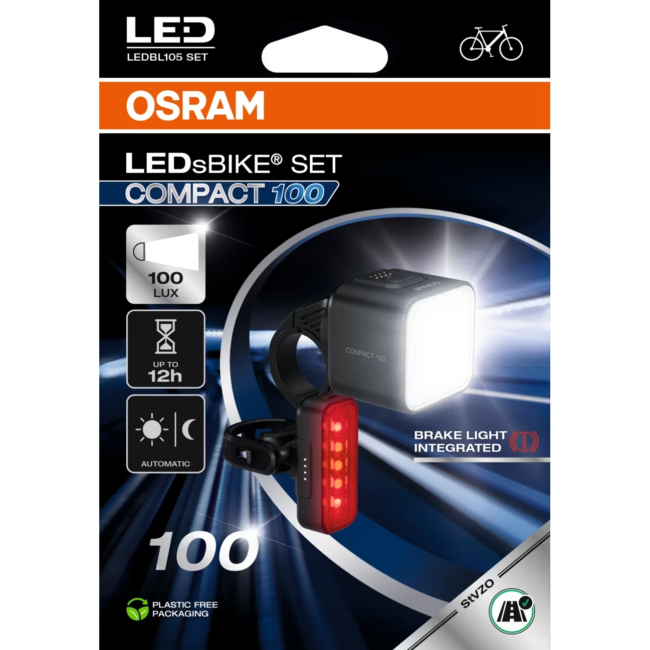 OSRAM LEDsBIKE Compact 100 Set Juego de Luces Recargables para Bicicleta (Delantera y Trasera), con luz de Freno, homologación StVZO, Compatible con Soporte Garmin, Tres Niveles de Brillo, 100 Lux