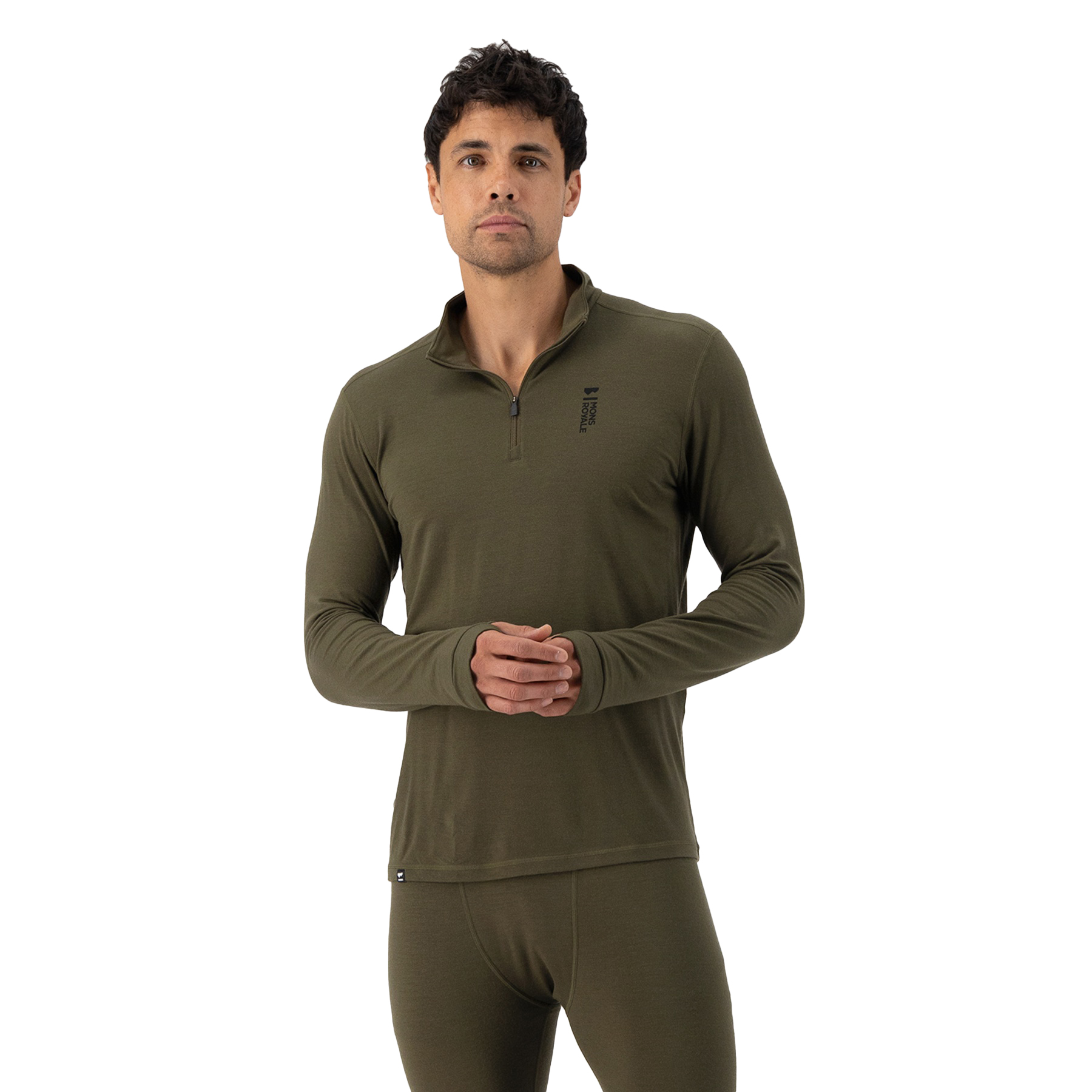 Мужской длинный рукав Mons Royale Cascade Merino Flex на молнии 1/4 - темно-оливковый