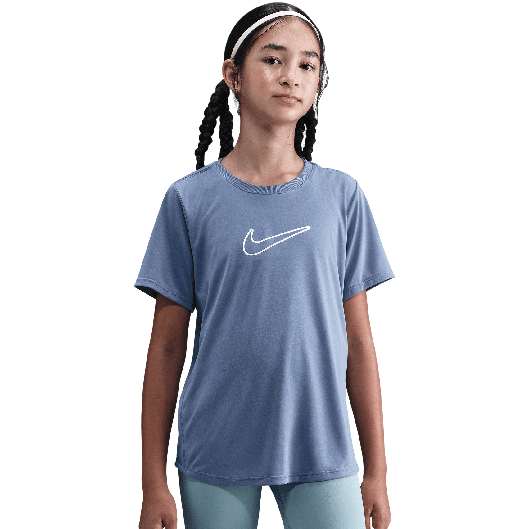 Детский приталенный топ Nike One Dri-FIT с коротким рукавом - world indigo/белый FZ5600-499 синий