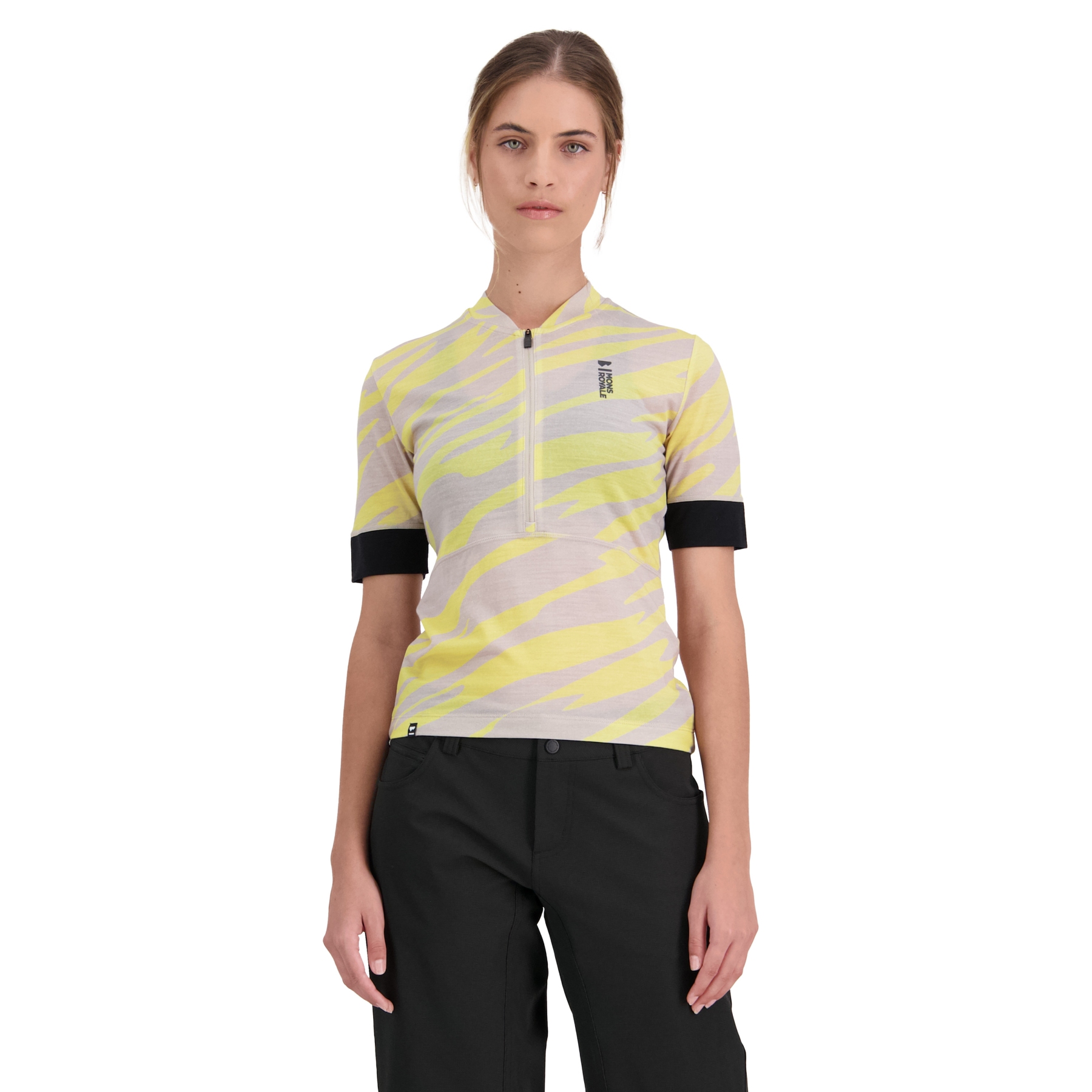 Picture of Mons Royale Cadence Merino Air-Con Half Zip Tee Women - limelight camo