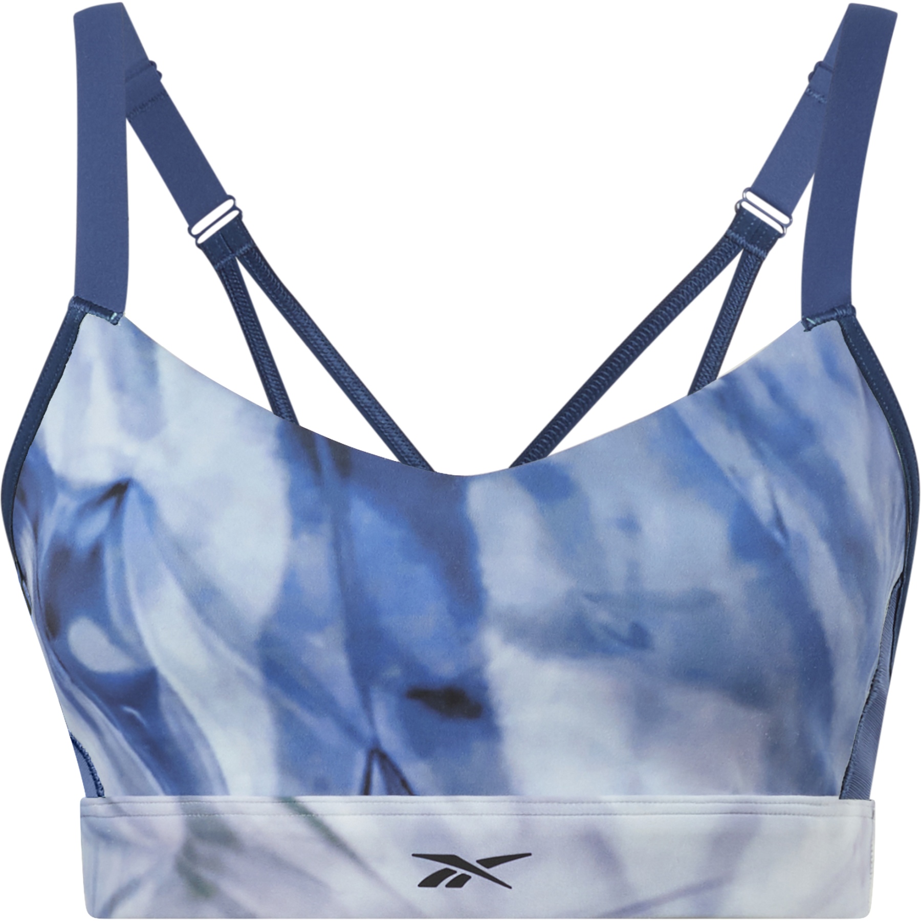 Produktbild von Reebok Studio Lux Bold Damen Strappy Sport-BH Liquid Abyss Print - essential blue