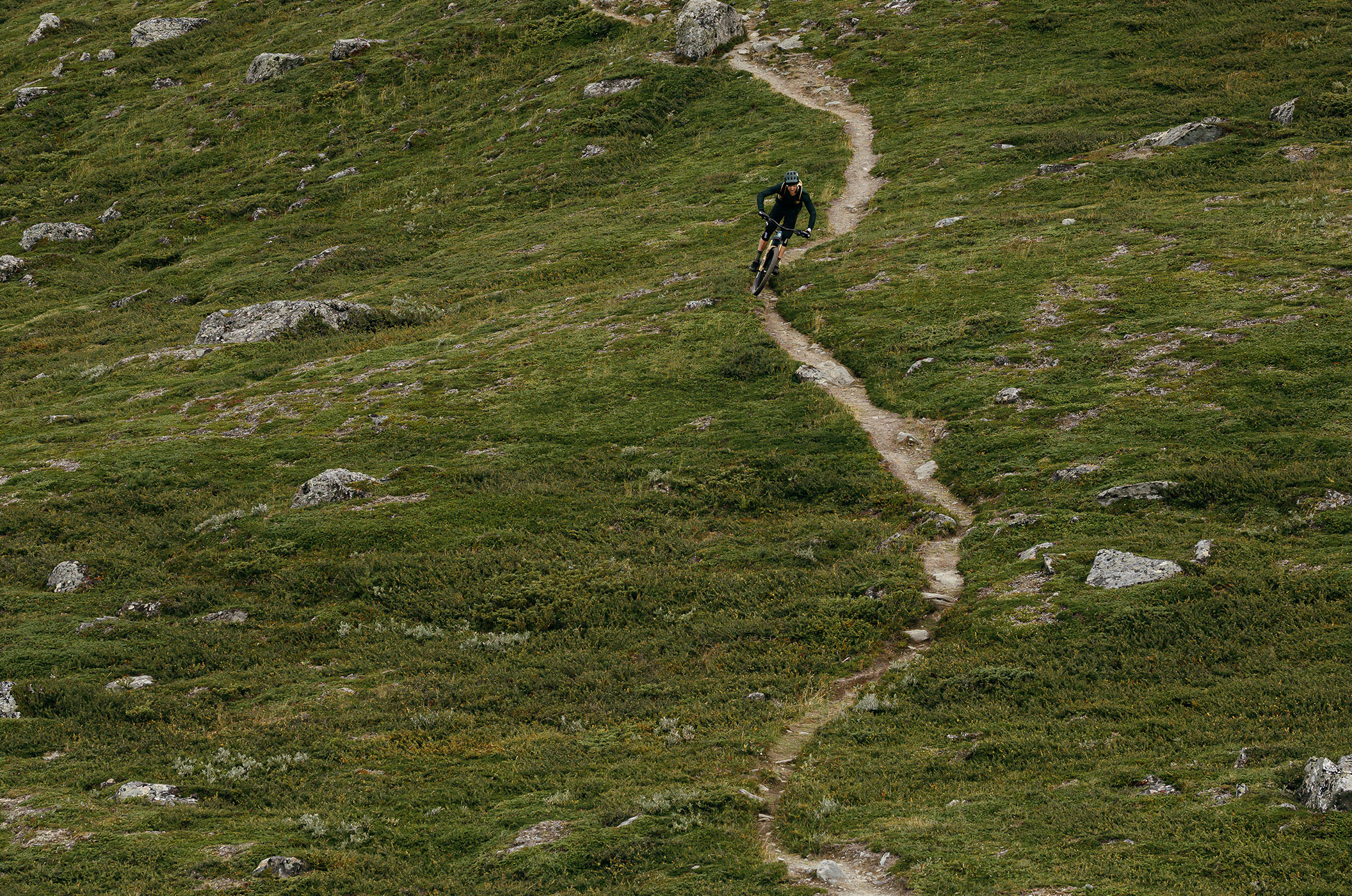 POC – kaski, odzież i akcesoria do MTB i kolarstwa szosowego Zawodnik POC zjeżdża naturalnym singletrailem przez skaliste wyżyny.