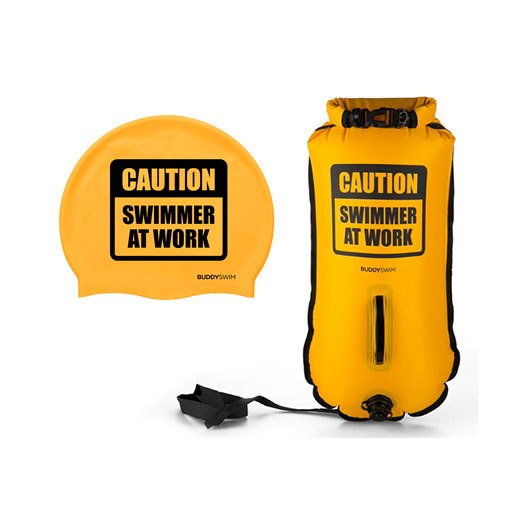 Produktbild von Buddyswim Boya Drybag 28lt - Schwimmboje + Badekappe - gelb/caution swimmer at work