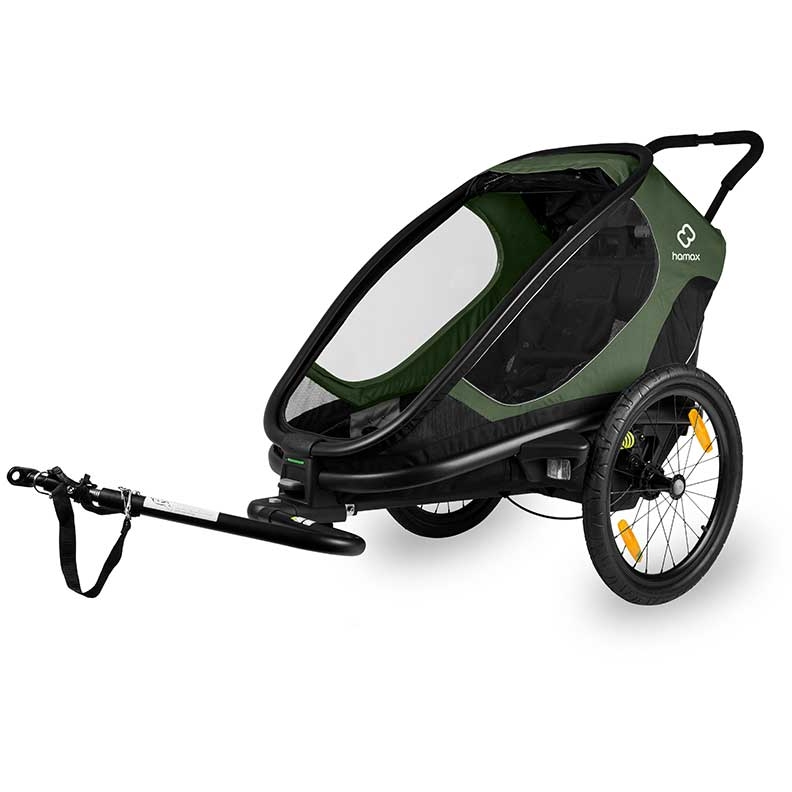 Productfoto van Hamax Outback One Bike Trailer for 1 Kid - Incl. Drawbar and Buggy Wheel - green / black