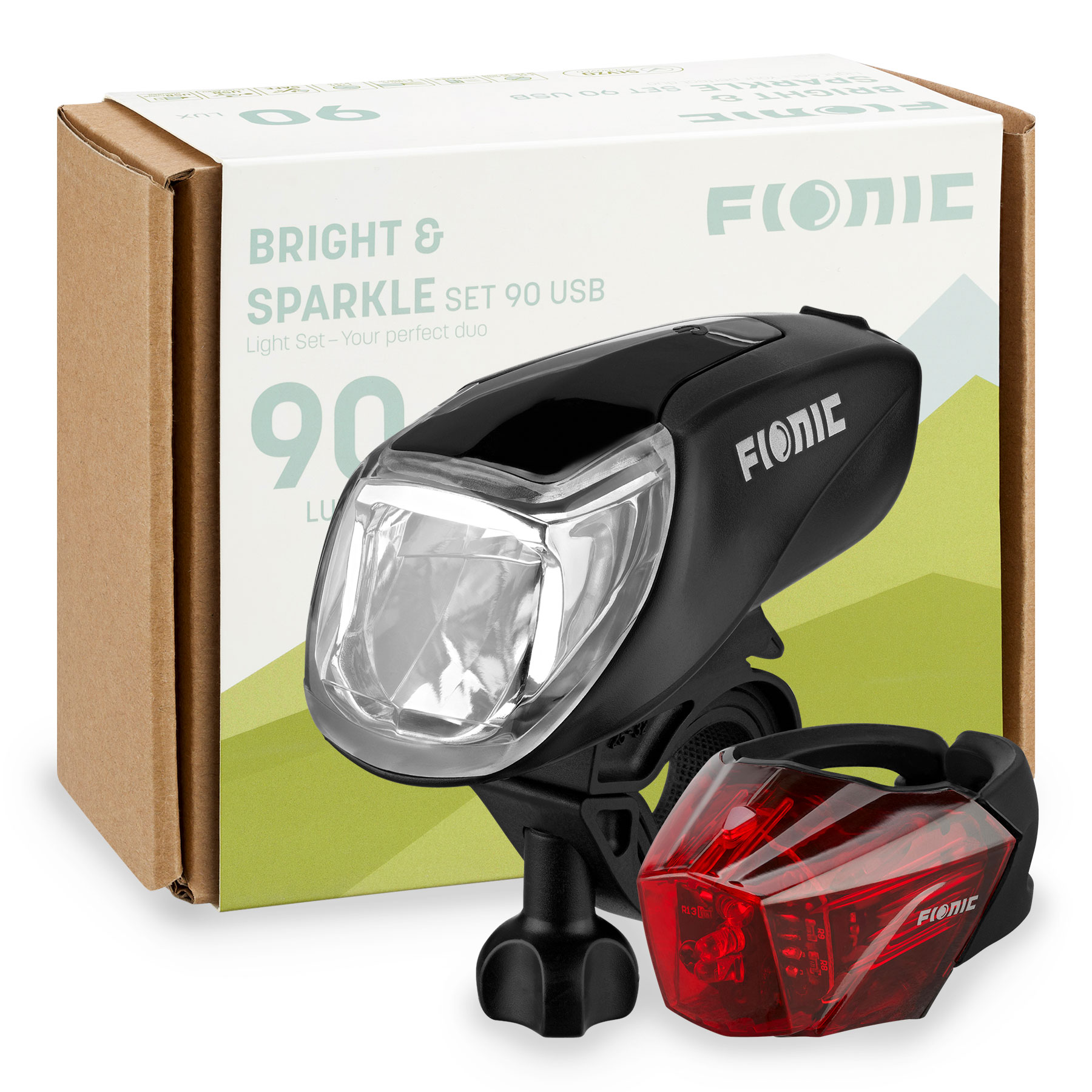 Productfoto van FIONIC Bright &amp; Sparkle Set 90 USB - Fietslamp Vooraan + Fietslamp Achteraan
