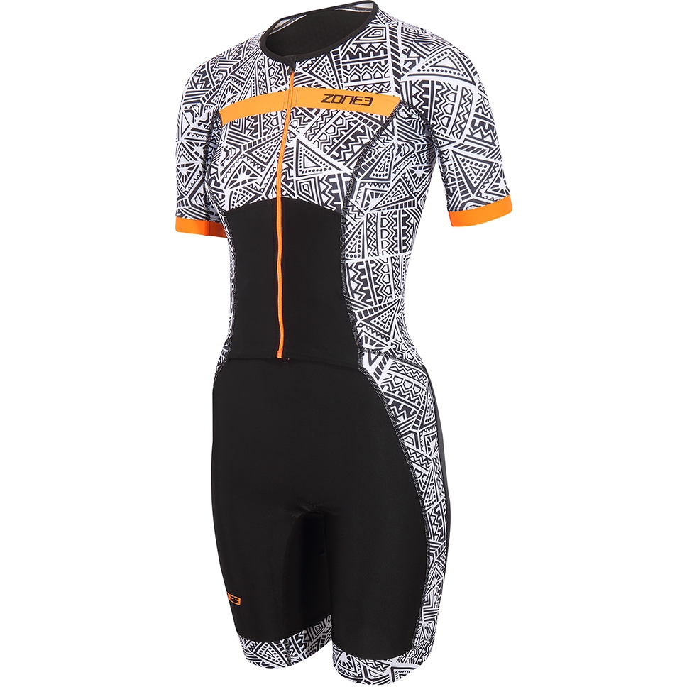 Productfoto van Zone3 Women&#039;s Activate Plus Kona Speed Short Sleeve Full Zip Trisuit - black/white/orange