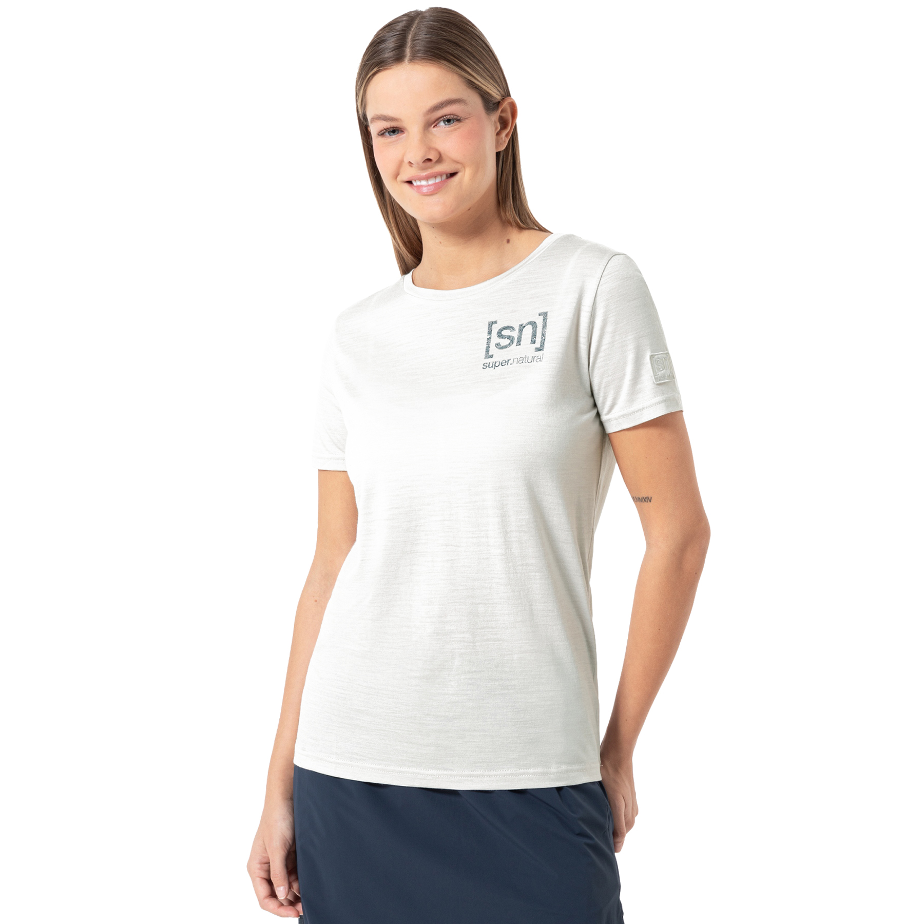 Produktbild von SUPER.NATURAL Logo Lines Bio T-Shirt Damen - White Stone Melange/Blueberry
