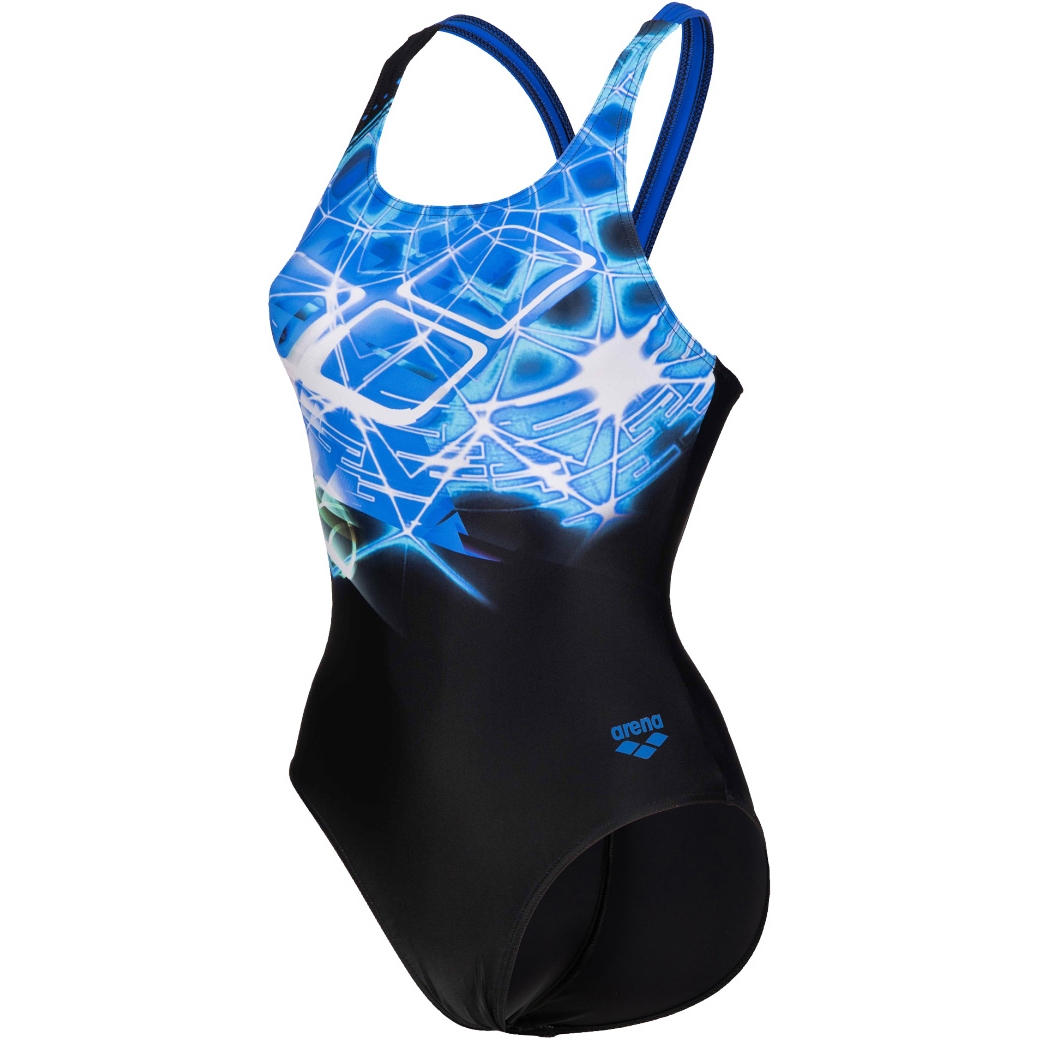 Picture of arena Placement Women&#039;s V Back Swimsuit - Black-Neon Blue
