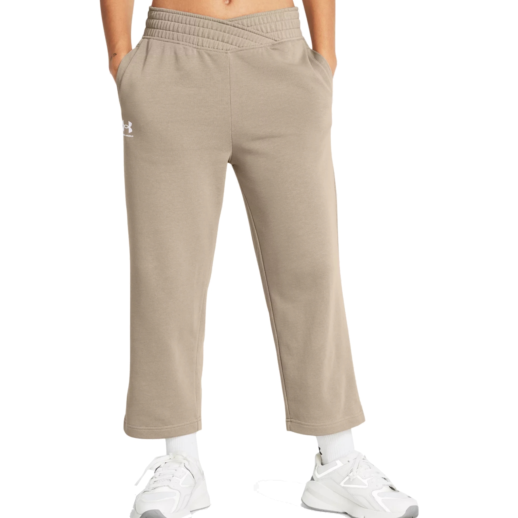 Under Armour UA Rival Terry Wide Leg Crop Pants Women - Timberwolf Taupe  Full Hthr/White