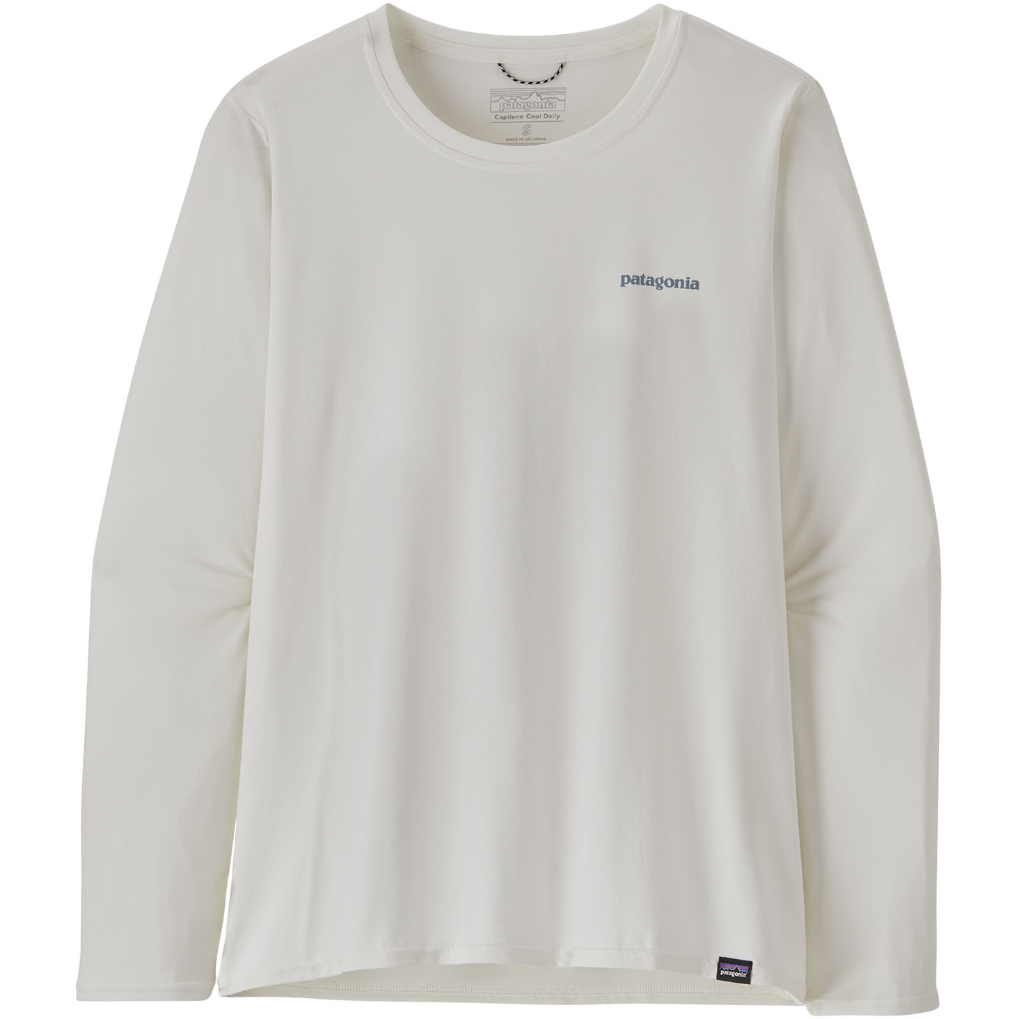 Image of Patagonia Women's Capilene Cool Daily Graphic Longsleeve Shirt - Waters - Boardshort Logo Light Plume Grey: White