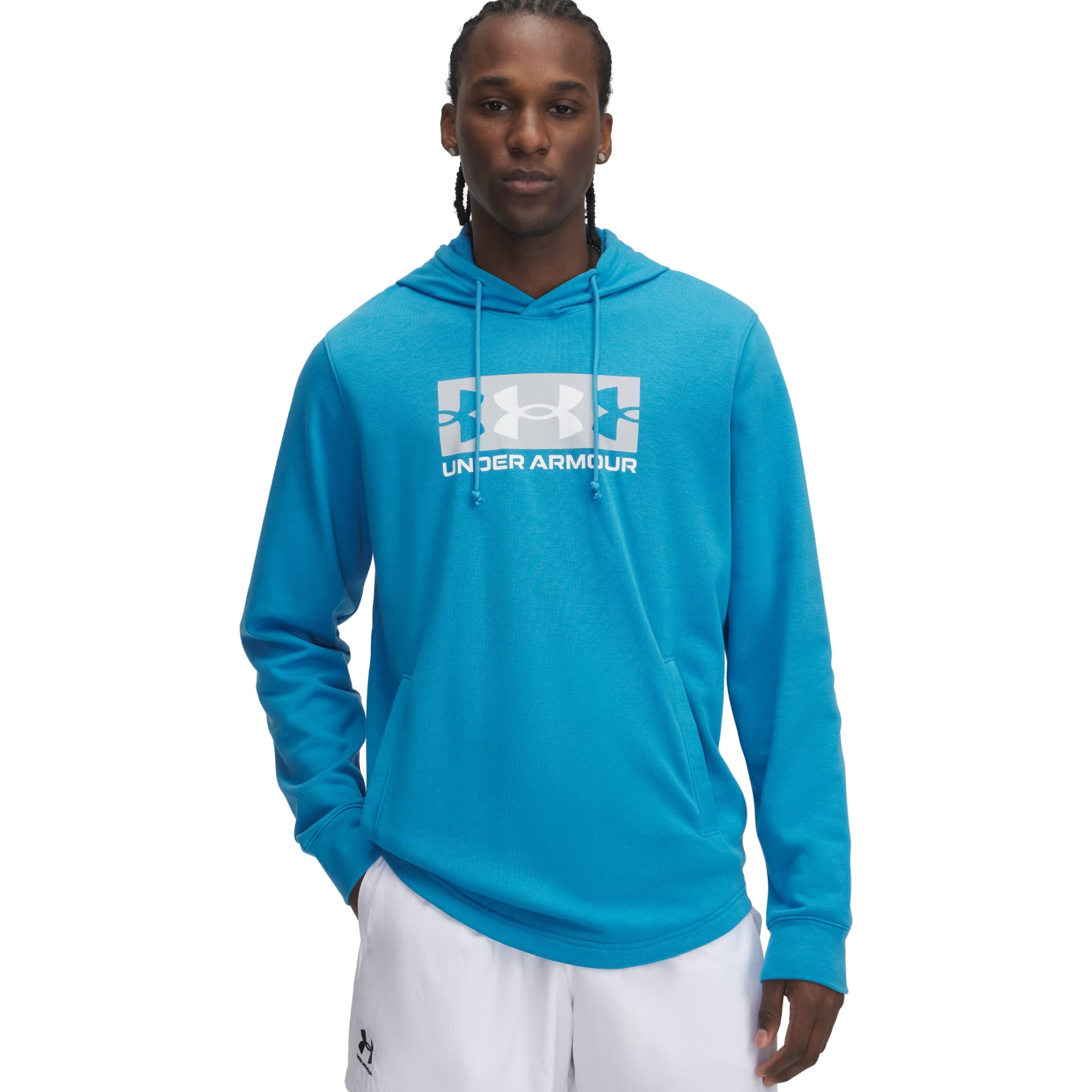 Produktbild von Under Armour UA Rival Hoodie aus French Terry mit Logo Herren - Ether Blue/Mod Gray/Weiß