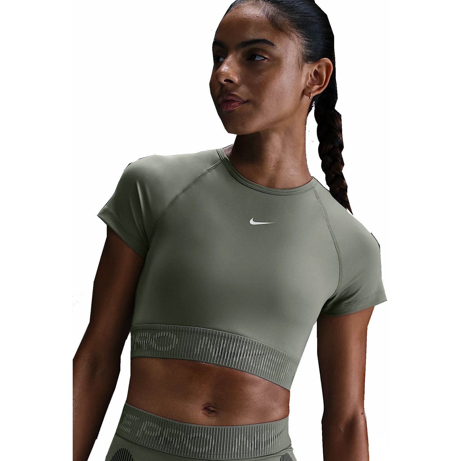 Женский укороченный топ Nike Pro Dri-FIT с коротким рукавом - легкий армейский/цвет карго хаки/белый HM6369-320