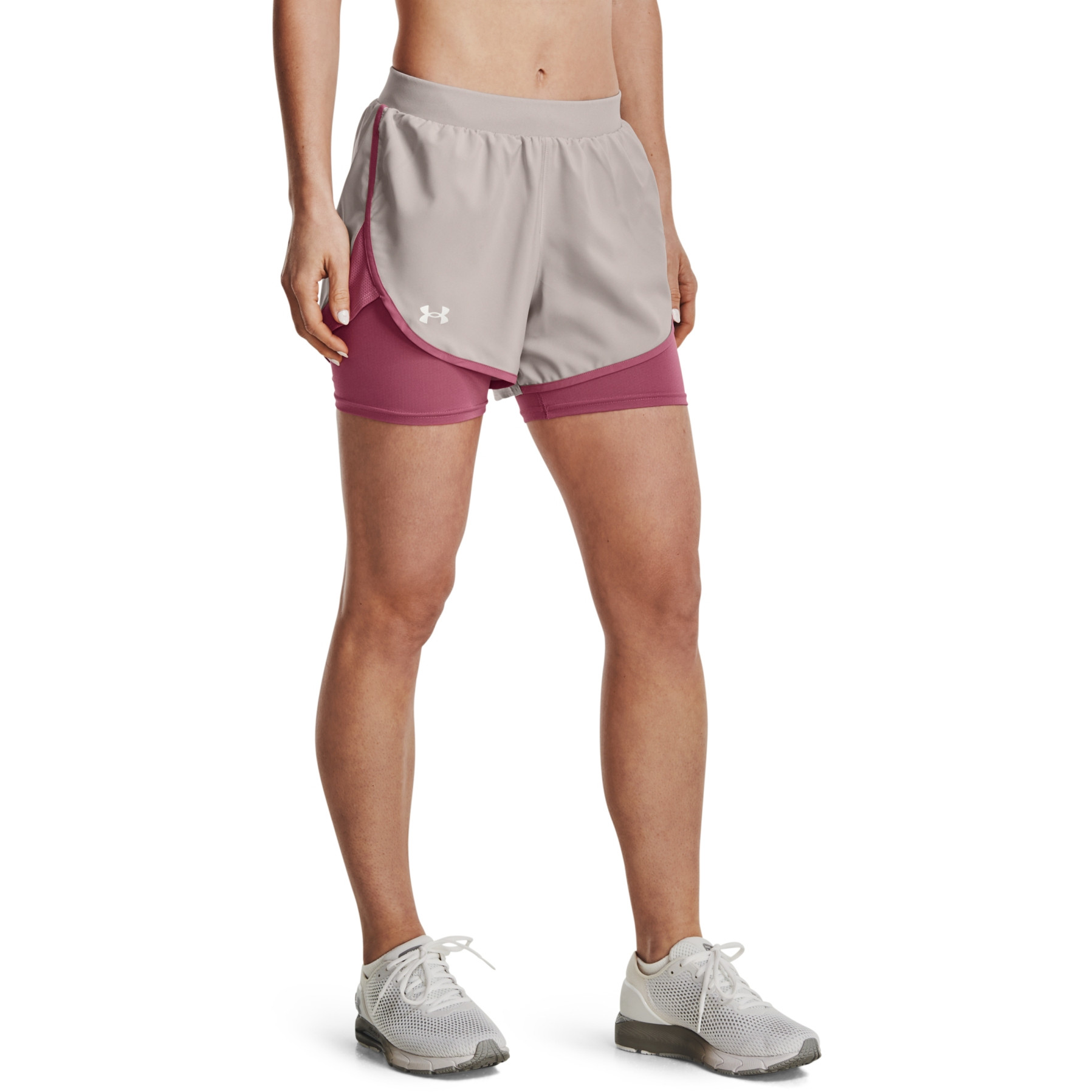 Picture of Under Armour Women&#039;s UA Fly-By Elite 2-in-1 Shorts - Ghost Gray/Pace Pink/Reflective