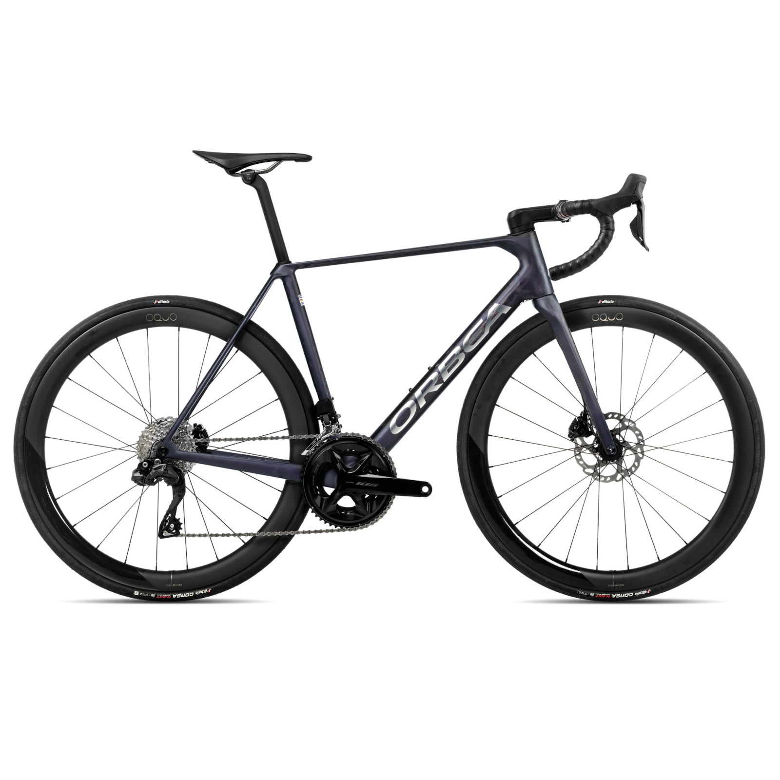 Productfoto van Orbea ORCA M30iLTD PWR - 105 Di2 Carbon Racefiets - 2025 - Tanzanite - Carbon Raw (matt)