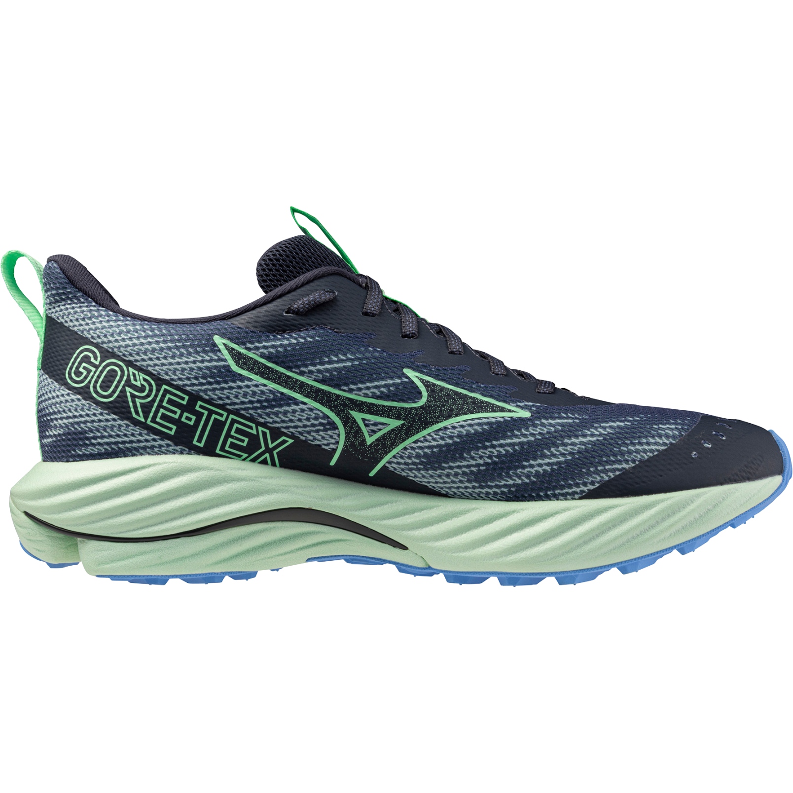 Mizuno Wave Rider GTX 2 Laufschuhe Herren Vintage Indigo Neo Mint Frontier Blue