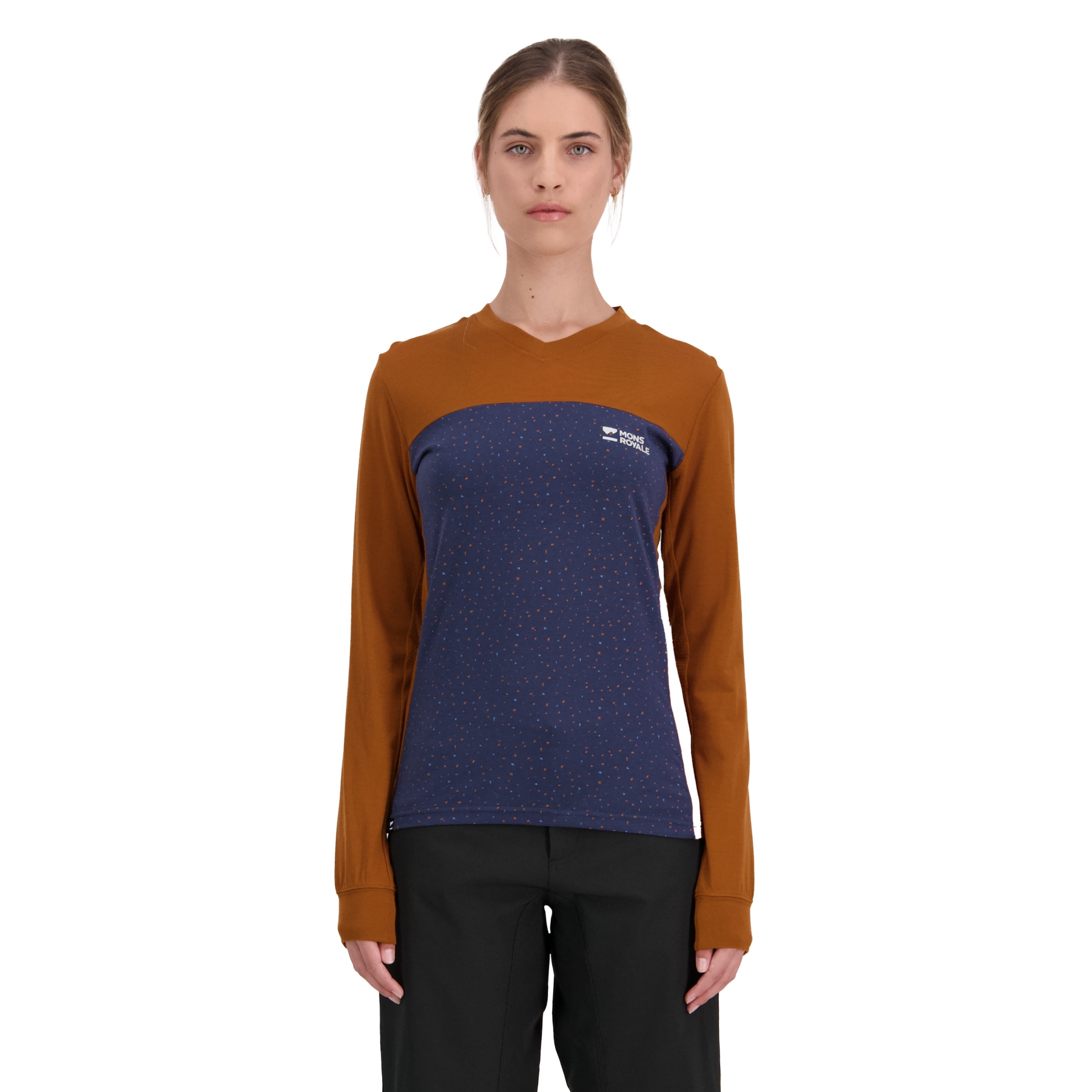 Picture of Mons Royale Redwood Merino Air-Con V Longsleeve Women - midnight terrazzo / copper