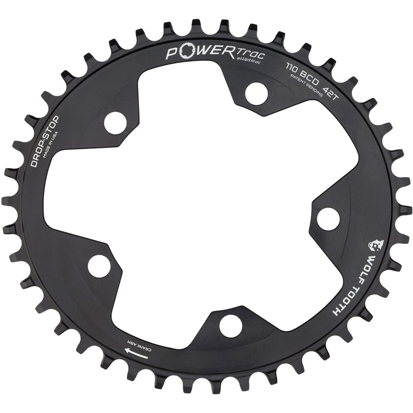 Plateau Elliptique Wolf Tooth 42 Dents 110 BCD - Aluminium Noir, Technologie Drop-Stop, Neuf