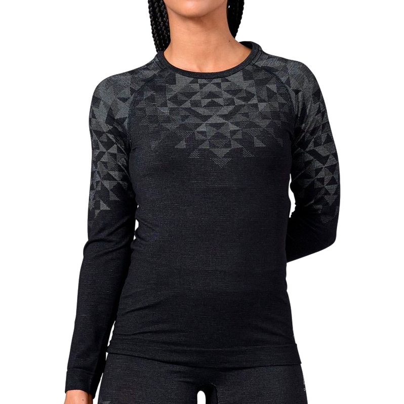 Productfoto van Odlo Kinship Performance Wool Warm Crew Neck Hemd met Lange Mouwen Dames - black melange