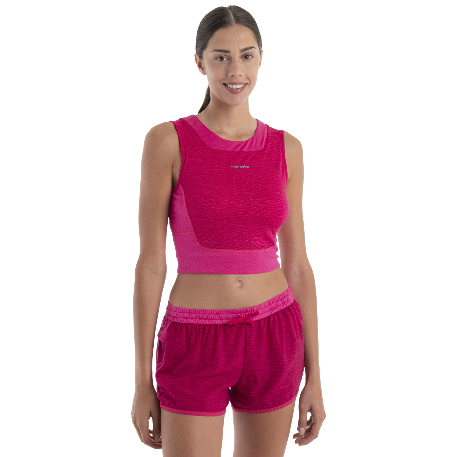 Productfoto van Icebreaker ZoneKnit™ Cropped Topo Lines BH-Shirt Dames - Electron Pink/Tempo/AOP