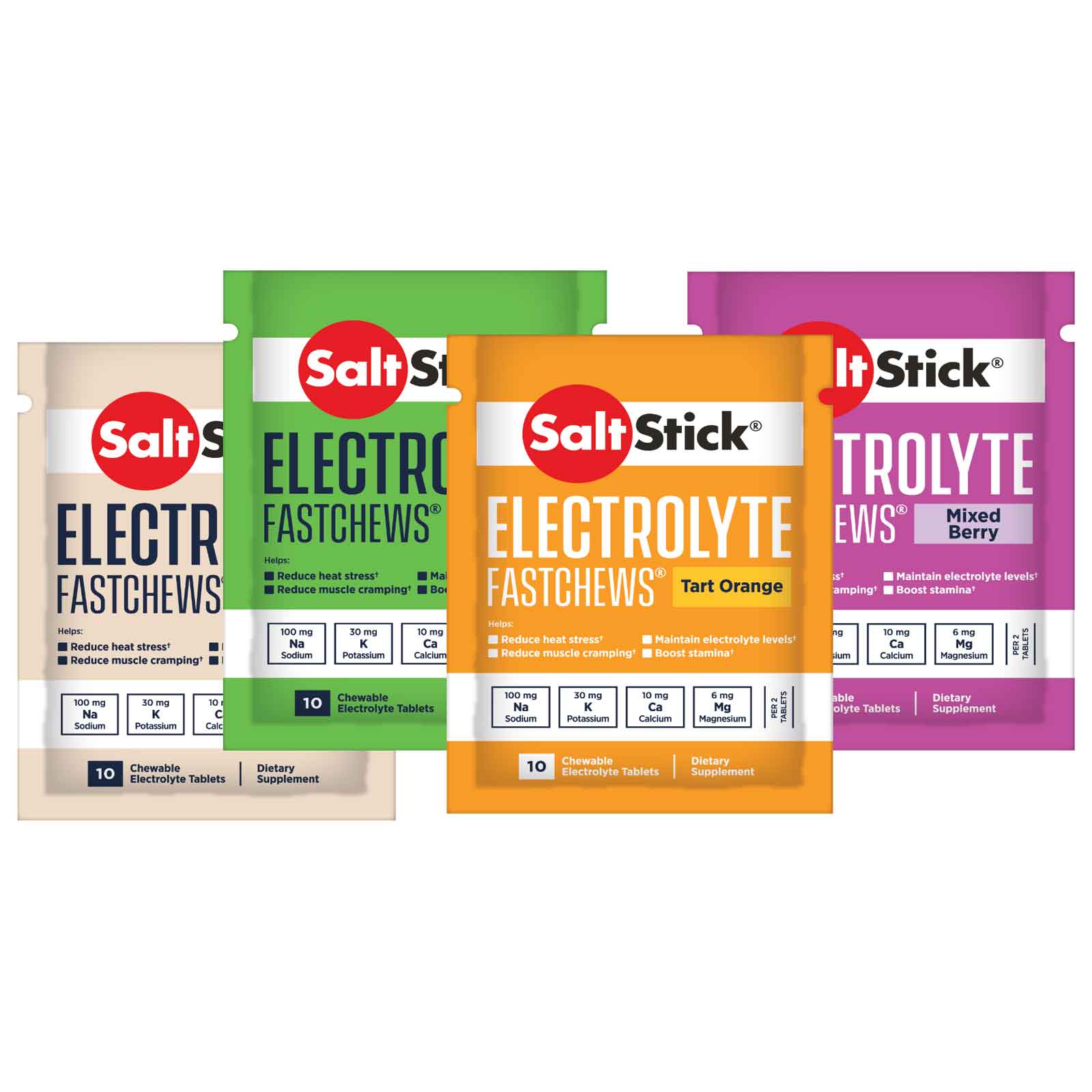 Productfoto van SaltStick FastChews Testpakket van 4 - Elektrolyt Kauwtabletten - 4x 10 stuks.