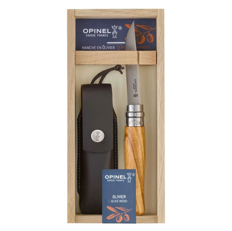 Photo produit de Opinel Knife, N°08, Stainless, Olive, Wooden Box with Sheath