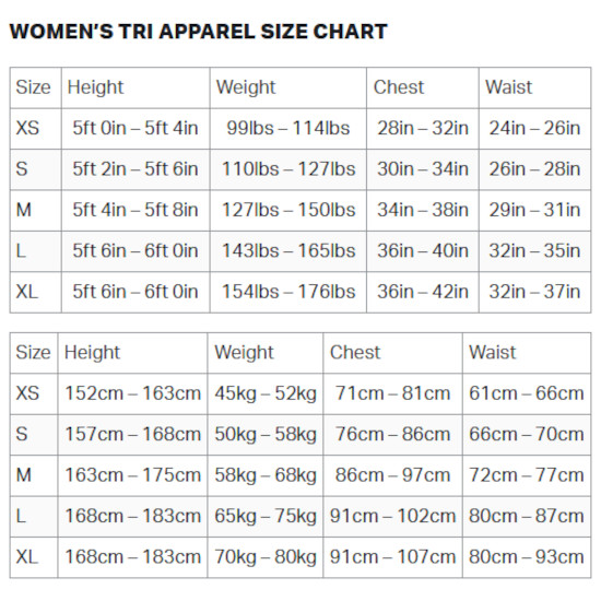 Sizing Chart, Men's & Women's Triathlon Gear