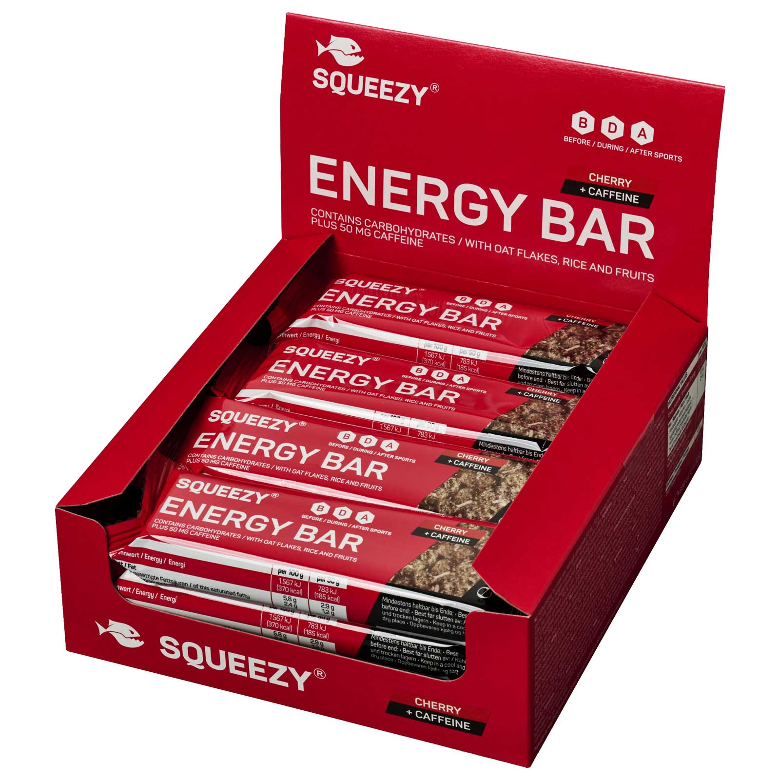 Produktbild von Squeezy Energy Bar Cherry - Kohlenhydratriegel + Koffein - 12x50g