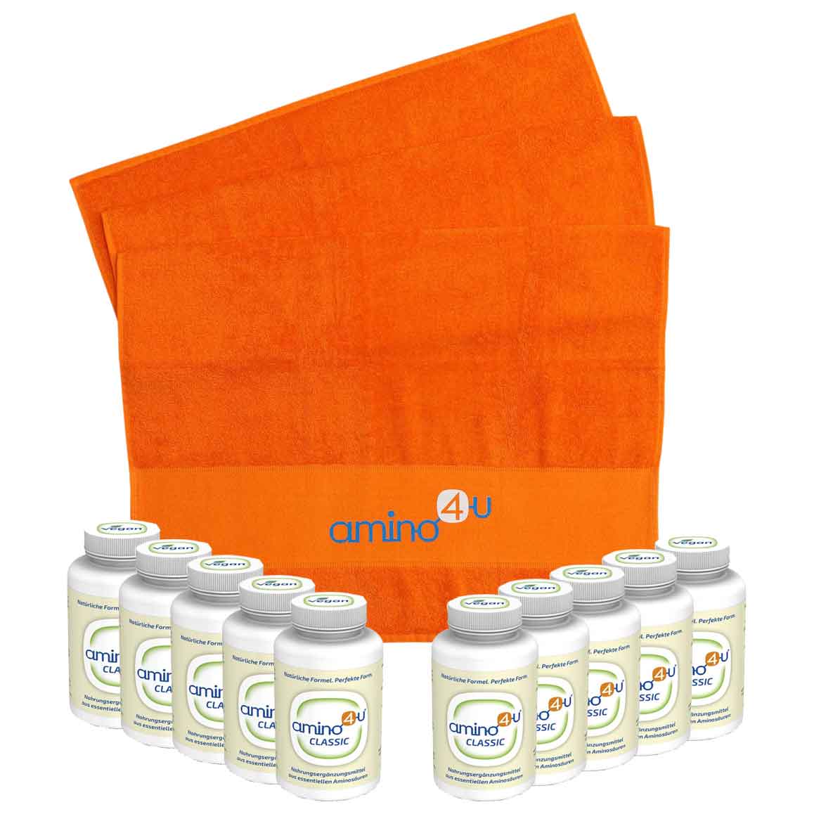 Produktbild von amino4u Classic Aminosäuren Nahrungsergänzung - 10x120 Tabletten + Bade-Handtuch