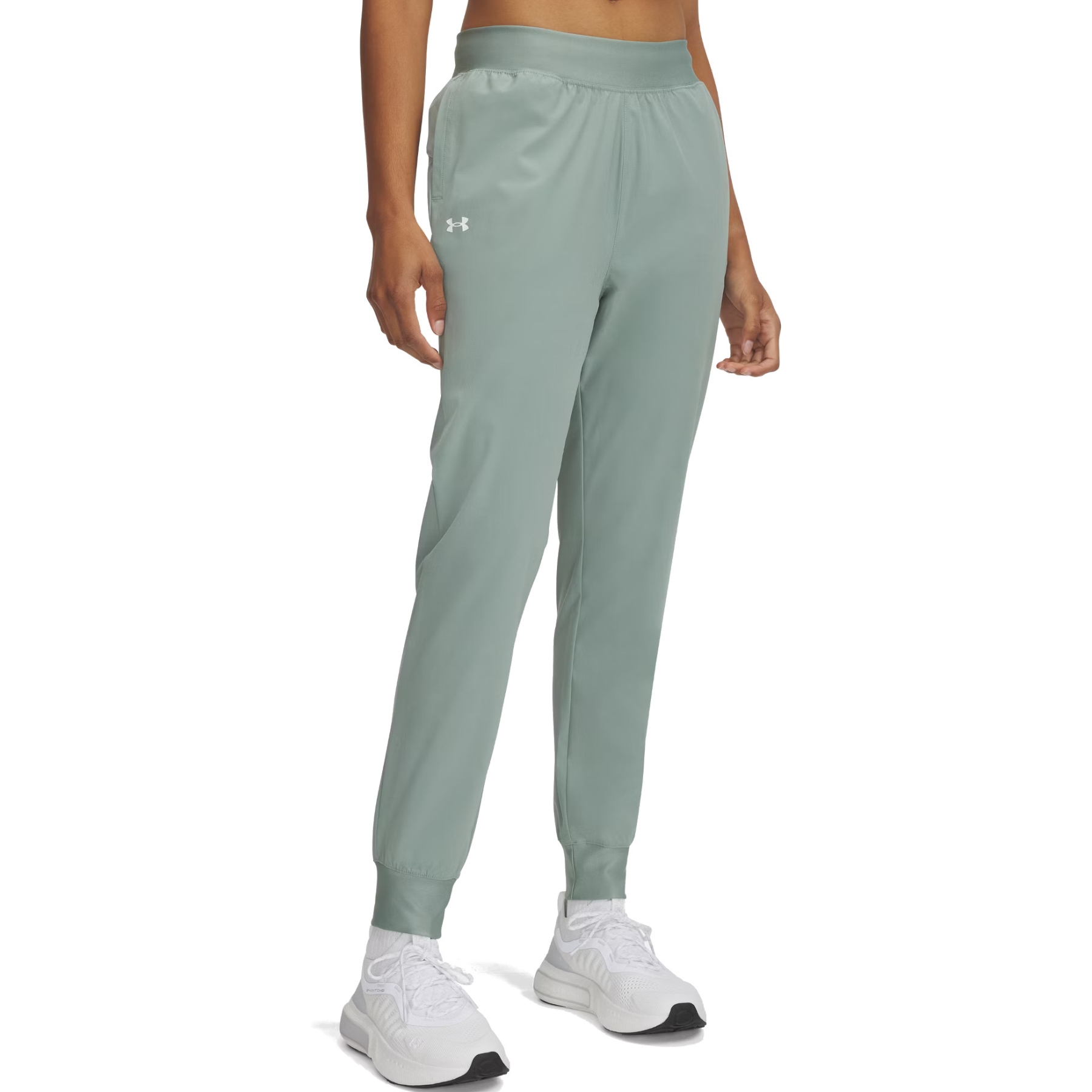 Productfoto van Under Armour UA Rival High-Rise Woven Broek Dames - Silica Green/Wit