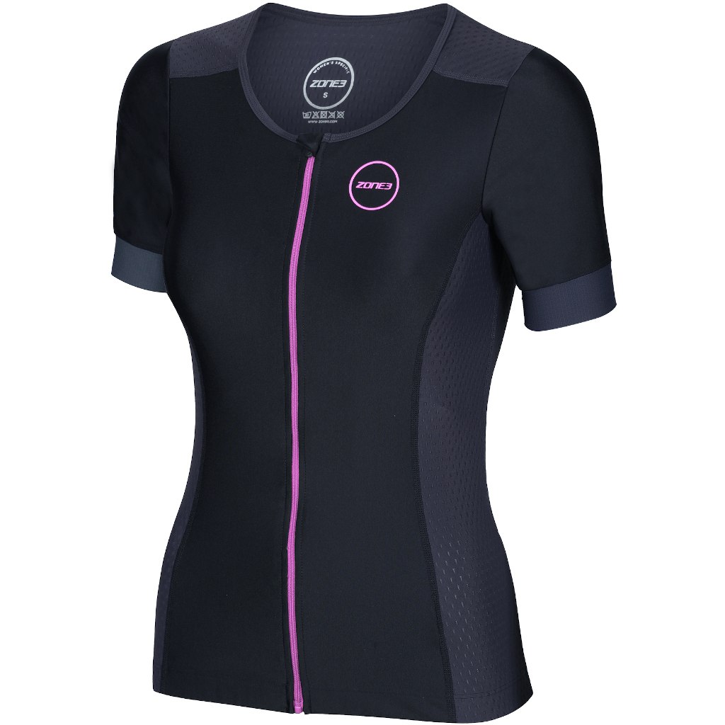Picture of Zone3 Women&#039;s Aquaflo Plus Short Sleeve Tri Top - black/grey/pink