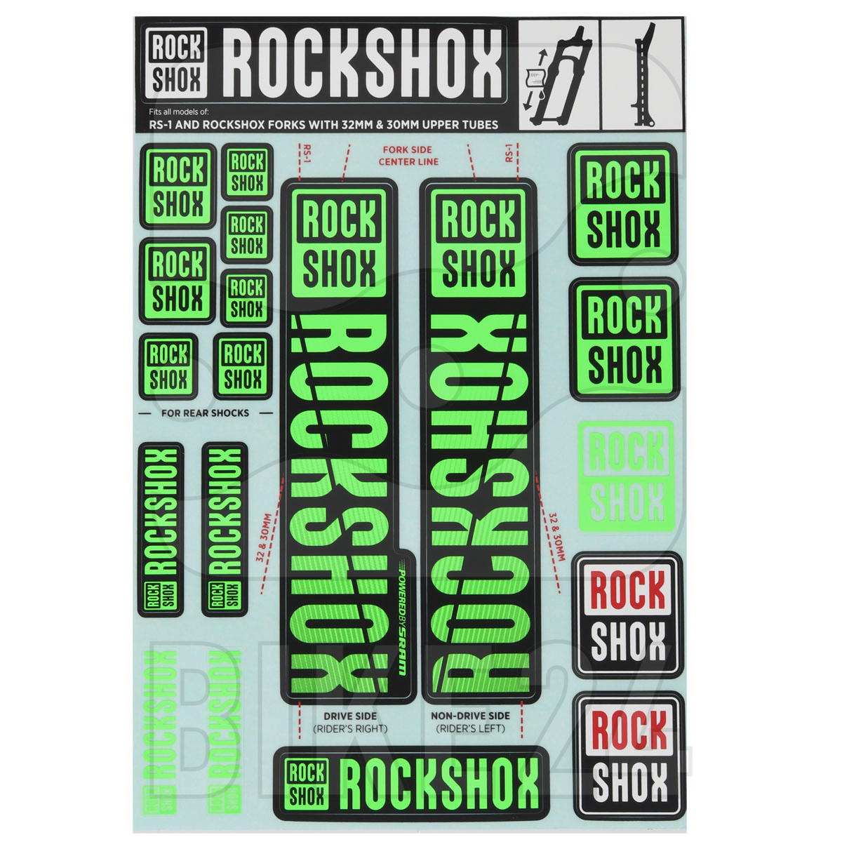 Productfoto van RockShox Decal Kit 30/32mm Stanchions - SID/Reba/Revelation (pre MY 2018)/Sektor /Recon/XC32/30 Gold/30 Silver/XC30