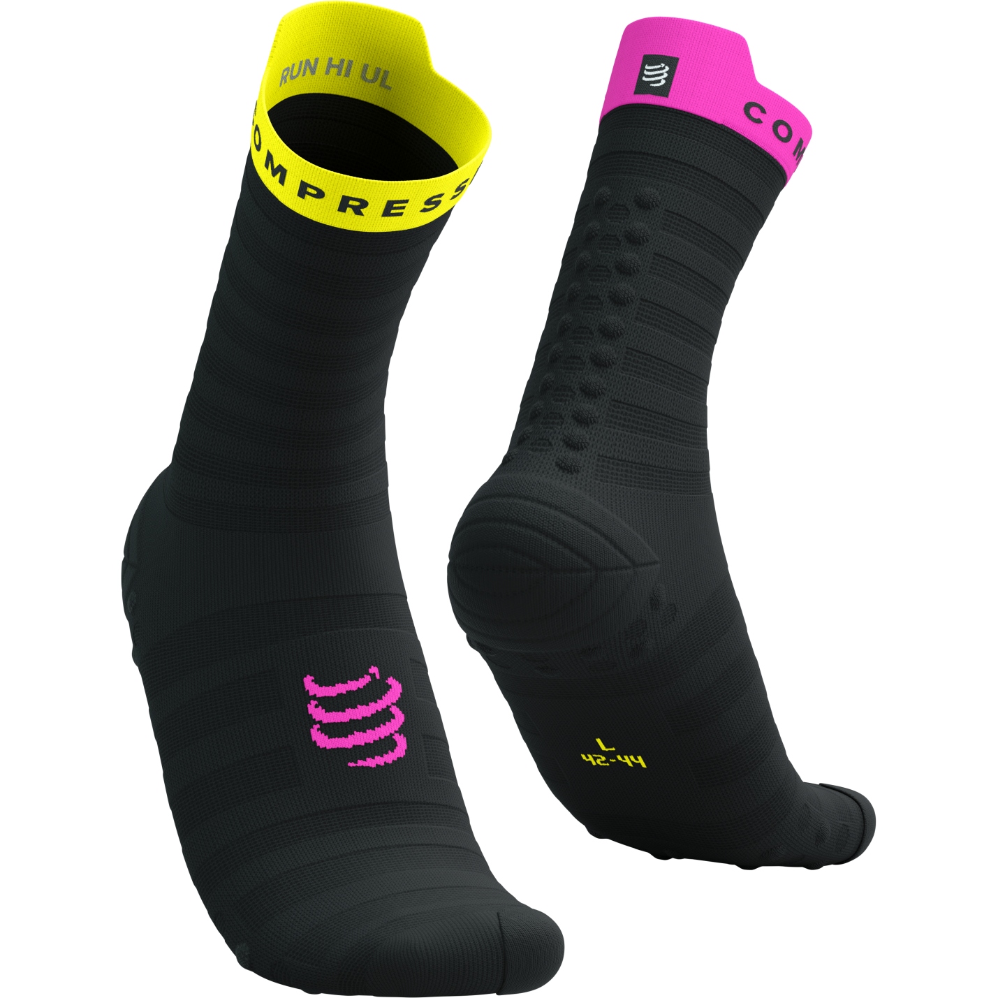 Photo produit de Compressport Chaussettes de Compression  - Pro Racing v4.0 Ultralight Run High - black/safety yellow/neon pink