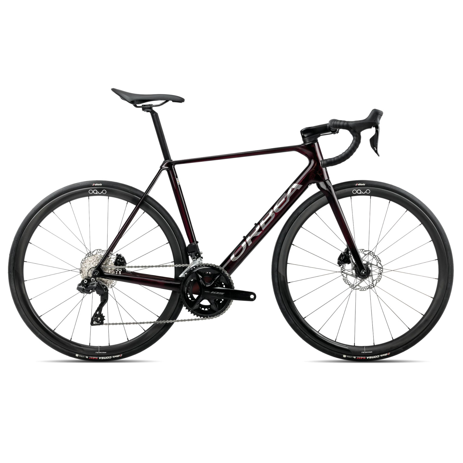Productfoto van Orbea ORCA M35i - 105 Di2 Carbon Racefiets - 2025 - Wine Red Carbon View - Titanium (gloss)
