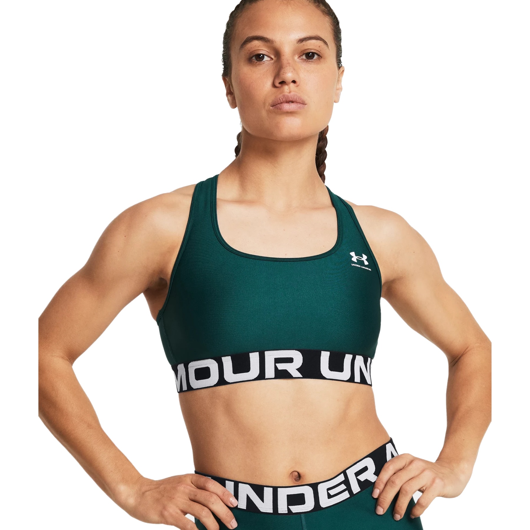 Picture of Under Armour HeatGear® Armour Mid Branded Sport Bra Women - Hydro Teal/White