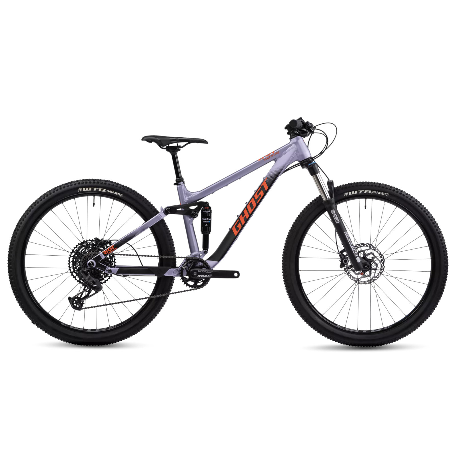 Productfoto van Ghost RIOT YOUTH PRO - 27.5&quot; Mountainbike voor Jongeren - 2024 - purple grey / matt black / monarch orange