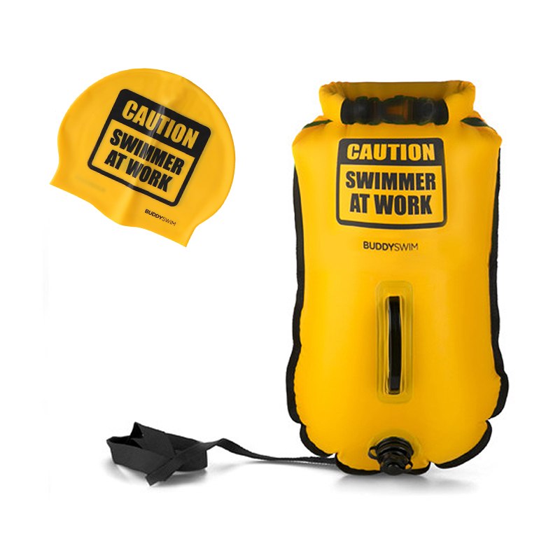 Produktbild von Buddyswim Boya Drybag 20lt - Schwimmboje + Badekappe - yellow/caution swimmer at work