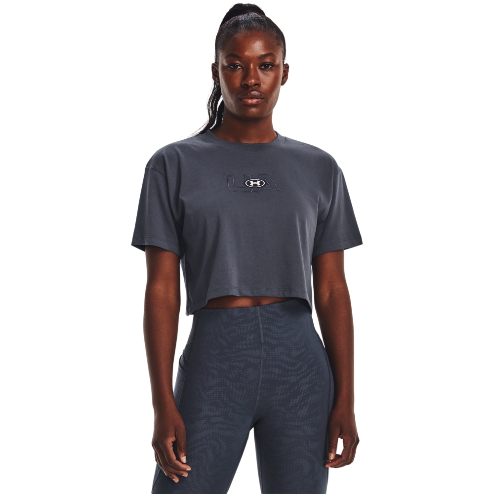Picture of Under Armour UA Branded Logo Crop Short Sleeve Shirt Women - Downpour Gray/White