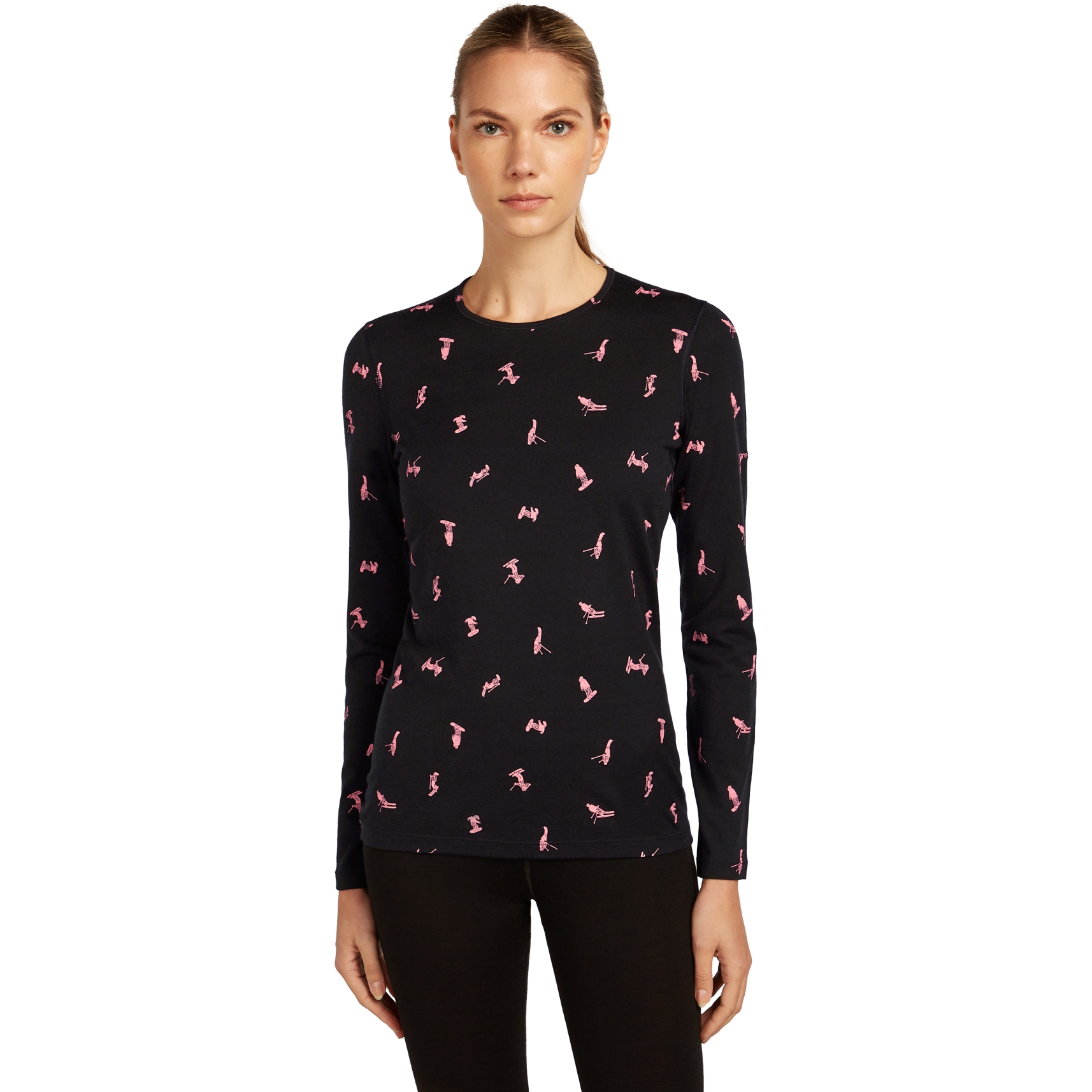 Bild von Icebreaker Merino 200 Oasis Thermo-Langarmshirt mit Rundhalsausschnitt Snow Day Damen - Schwarz/Acid Pink