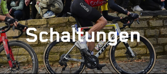 Banner zeigt montiertes Campagnolo Schaltungssystem an einem Fahrrad und Kategoriebenennung „Schaltung“