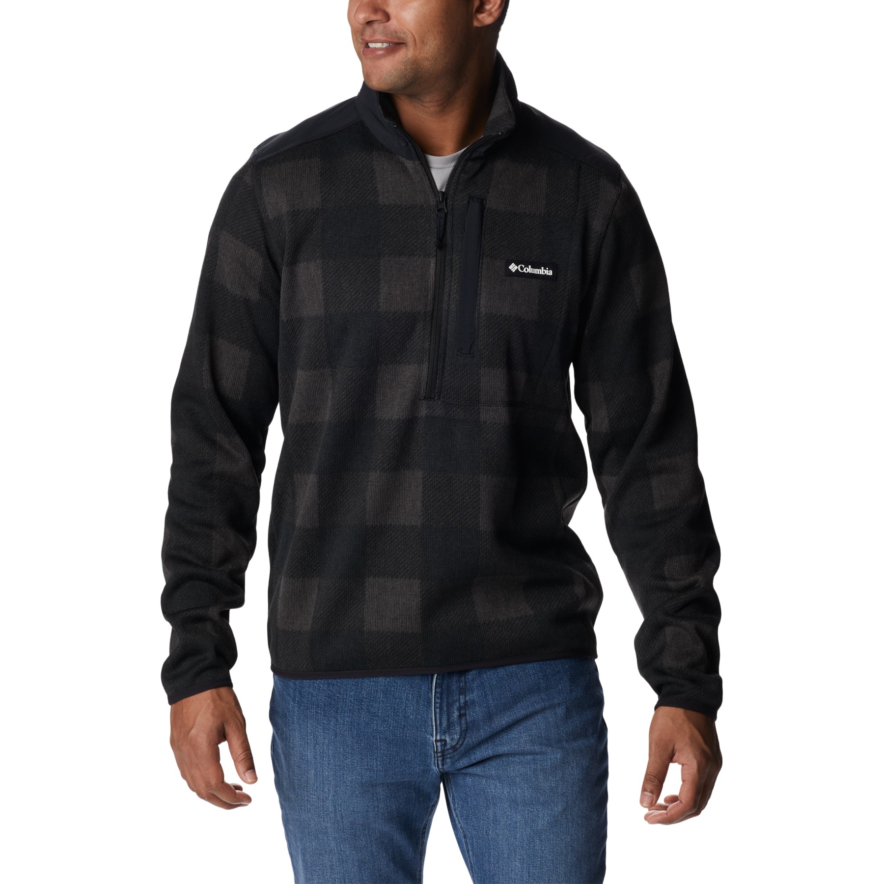 Columbia Sweater Weather II Printed Half Zip Pullover Men Black Buffalo Check Print Shark Black