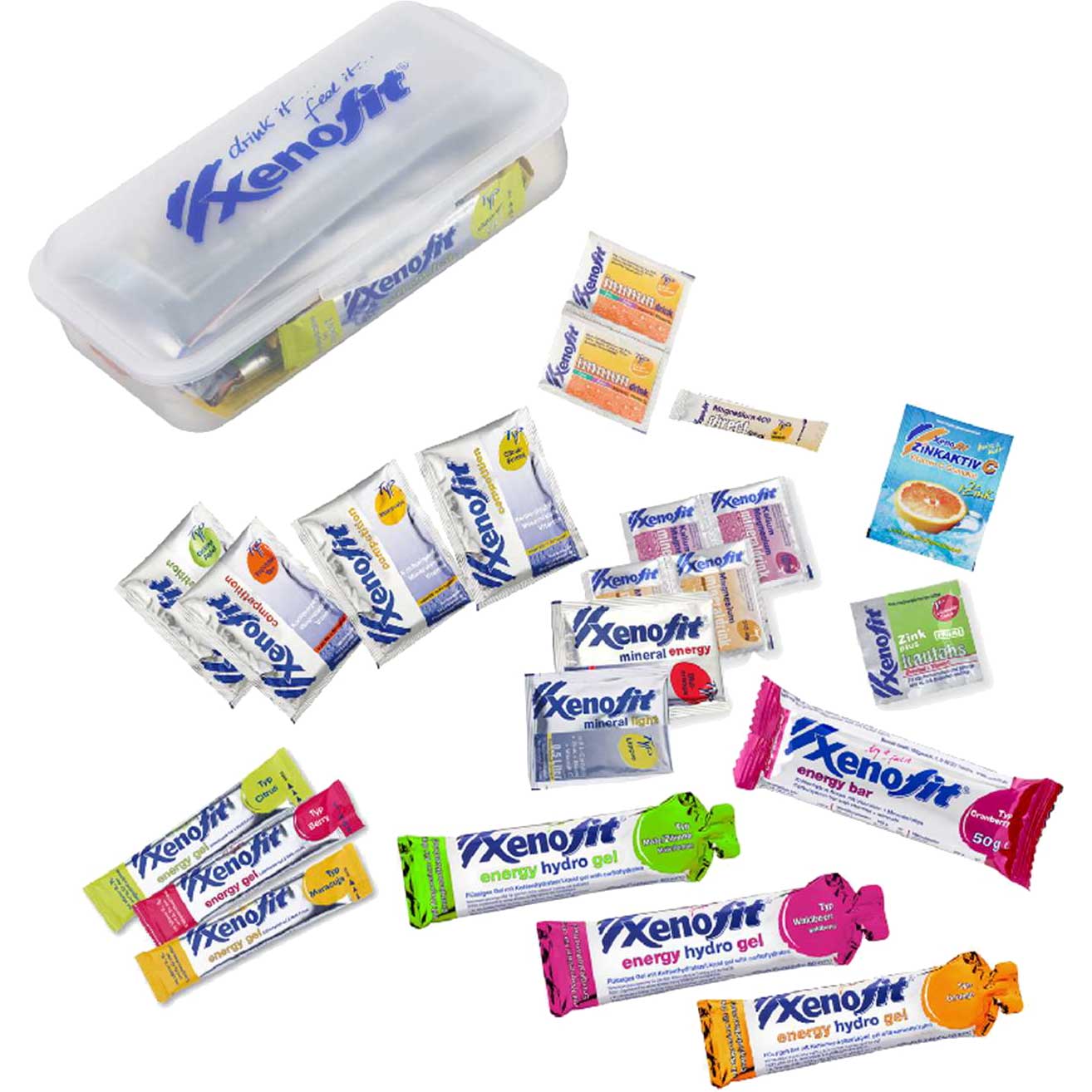 Photo produit de Xenofit Assortiment - Testbox 2025 avec Boissons / Gels Énergétiques / Barre Énergétique / Compléments Alimentaires