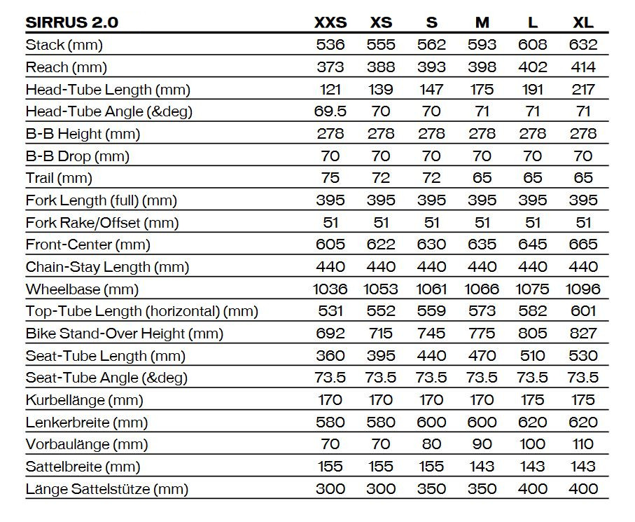 Specialized sirrus size clearance chart