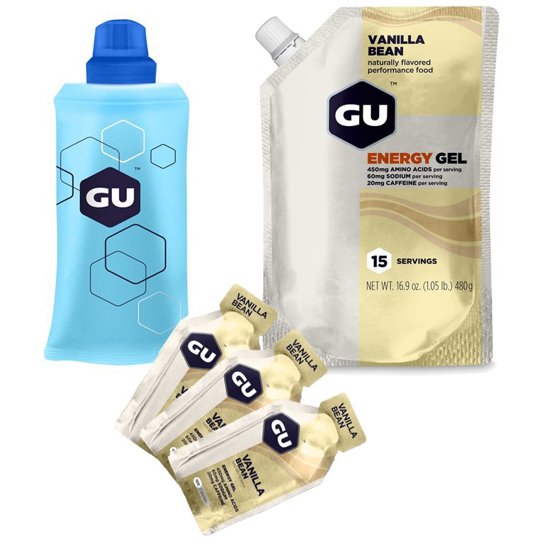 Picture of GU Energy Gel 15 Serving Combi Package - 480g + 3x32g + Energy Flask 160ml