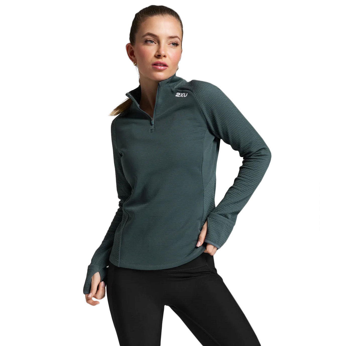 Productfoto van 2XU Ignition Hyper-Haptic 1/4 Zip Shirt met lange mouwen Dames - dark sage/white reflective