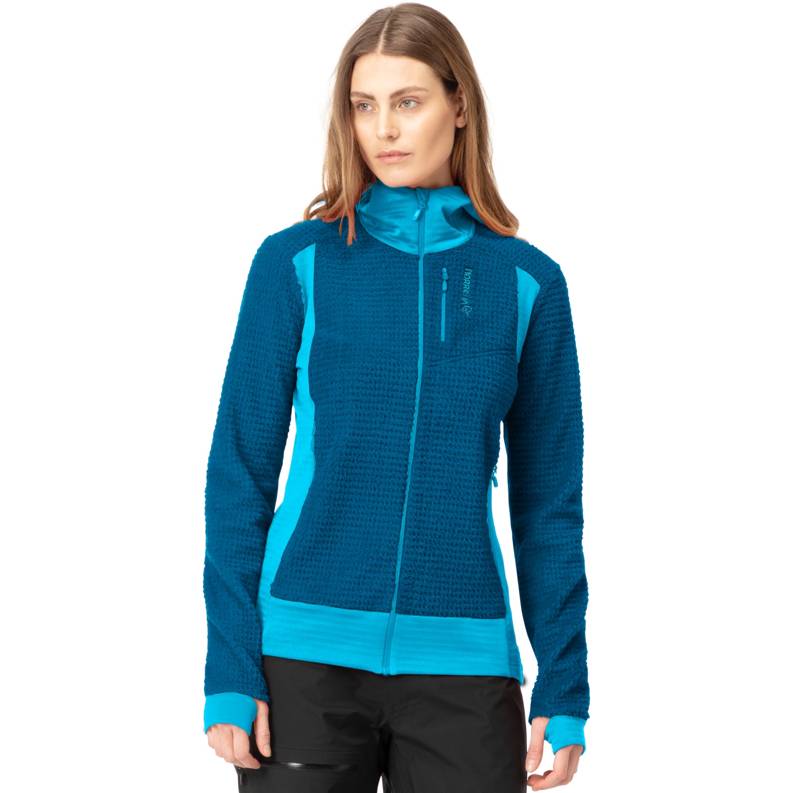 Productfoto van Norrona falketind Alpha120 Zip Hood Jas Dames - Aquarius/Mykonos Blue