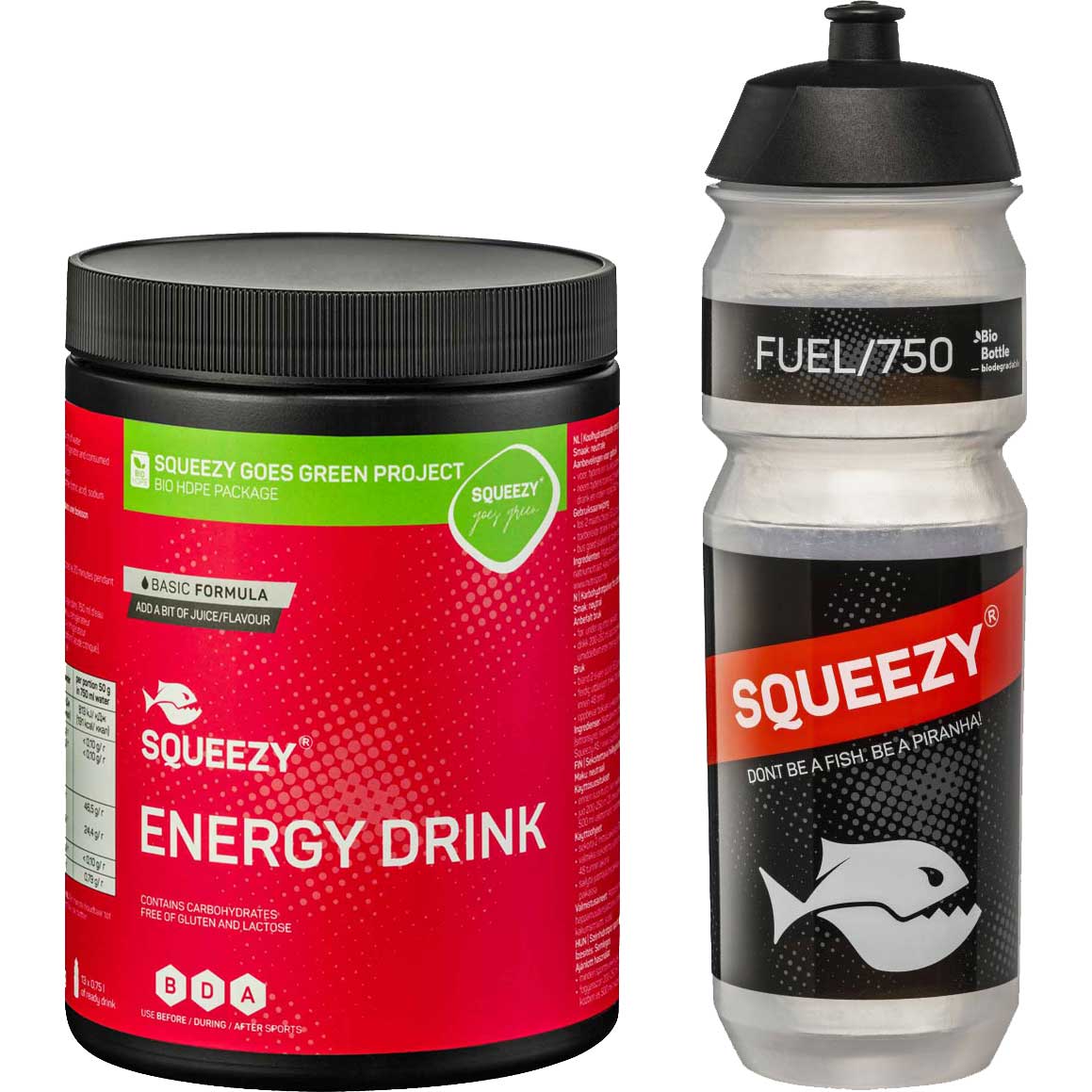 Produktbild von Squeezy Energy Drink Basic Formula Bundle - Kohlenhydrat-Getränkepulver 650g + Trinkflasche 750ml