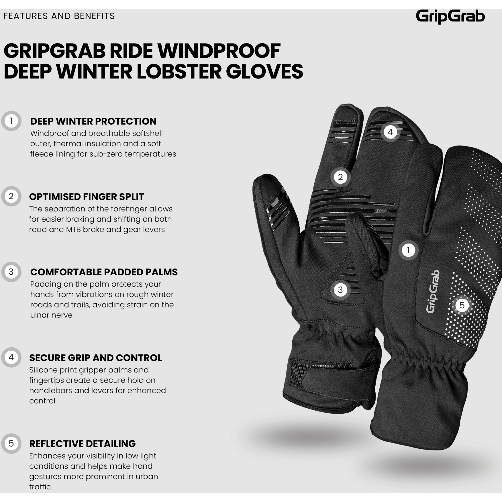 GripGrab Ride Winddichte Deep Winter Lobster Handschuhe - schwarz | BIKE24