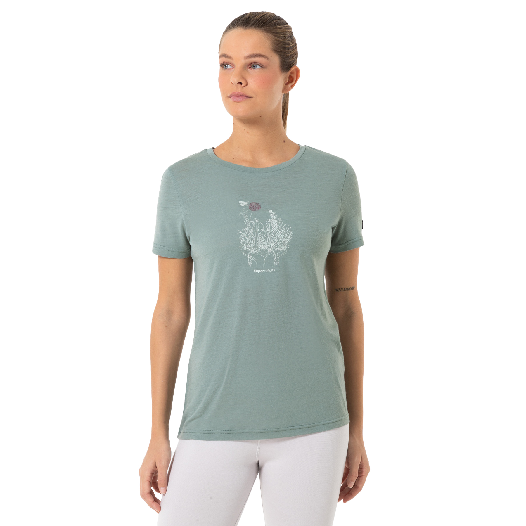 Produktbild von SUPER.NATURAL Flowerhands T-Shirt Damen - Chinois Green/Feather Grey/Candy Melange