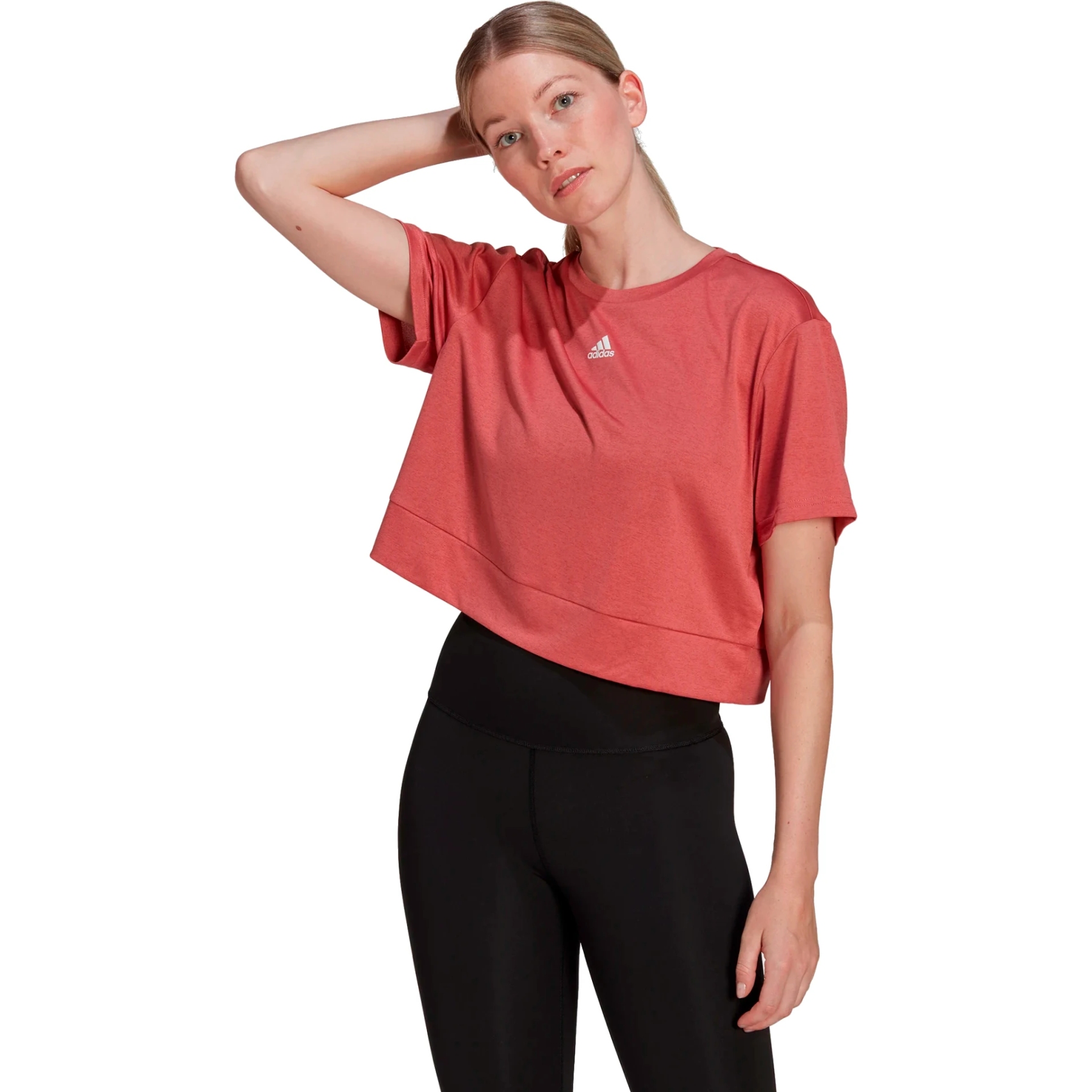 Picture of adidas Women&#039;s AEROREADY Studio Loose Crop T-Shirt - wonder red/white HM8721