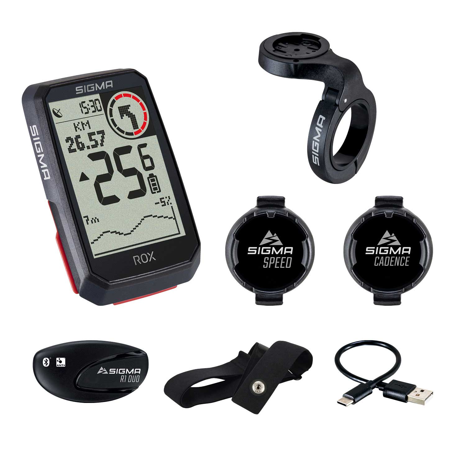 Produktbild von SIGMA ROX 4.0 Sensor Set - GPS Fahrradcomputer + R1 DUO HR Brustgurt + DUO Magnetless Speed &amp; Cadence + Overclamp Butler - schwarz